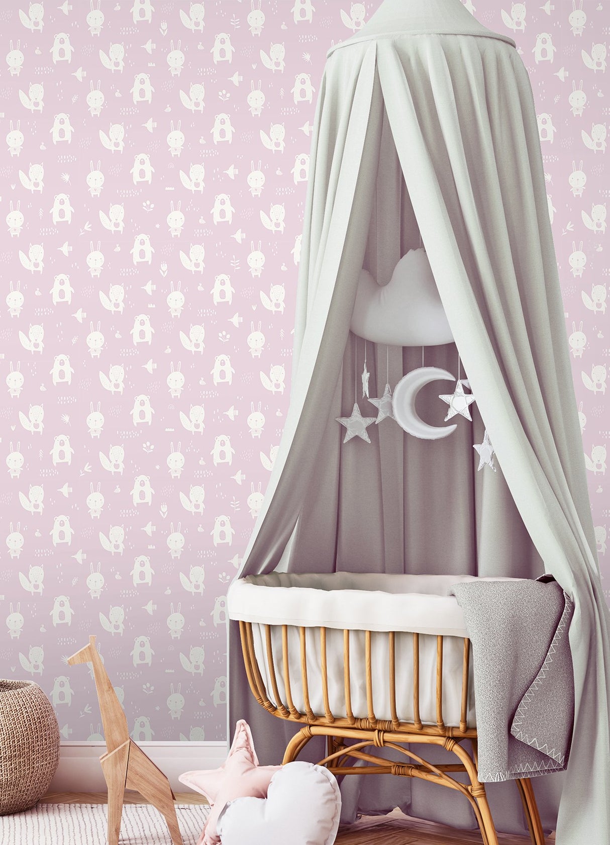 Bitsy Pink Woodland Wallpaper with White Cartoon Animal Motif - Chesapeake 4060-91303