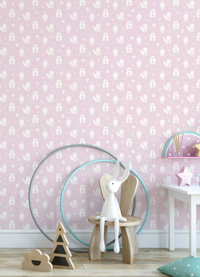 Bitsy Pink Woodland Wallpaper with White Cartoon Animal Motif - Chesapeake 4060-91303