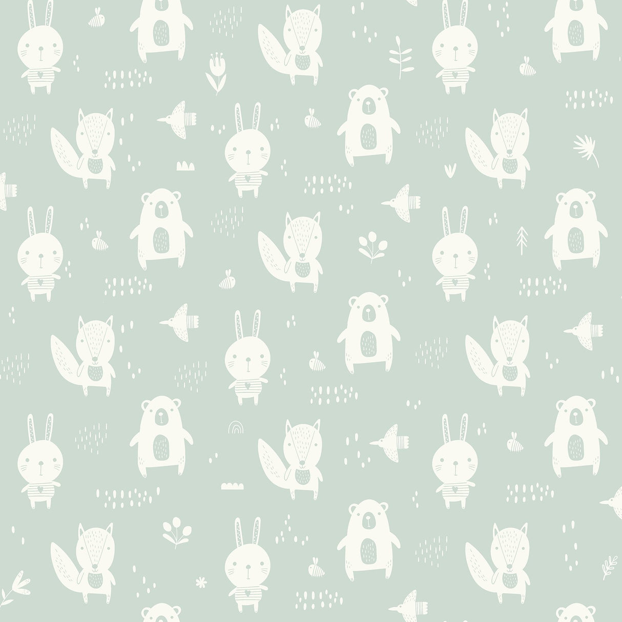 Bitsy Mint Woodland Wallpaper with Kids Animals Pattern - Chesapeake 4060-91304