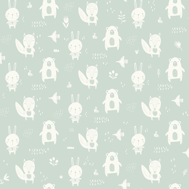Bitsy Mint Woodland Wallpaper with Kids Animals Pattern - Chesapeake 4060-91304