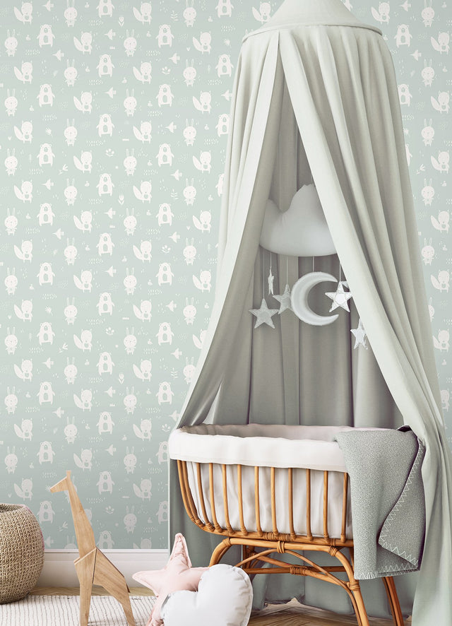 Bitsy Mint Woodland Wallpaper with Kids Animals Pattern - Chesapeake 4060-91304