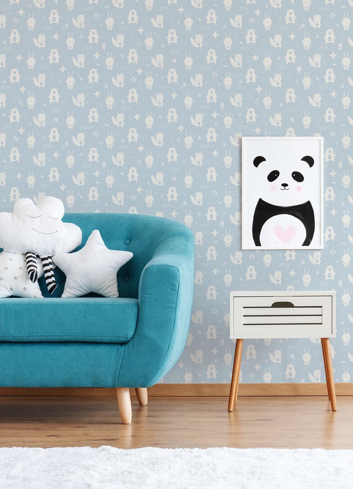 Bitsy Sky Blue Woodland Wallpaper with Kids Woodland Animal Pattern - Chesapeake 4060-91311