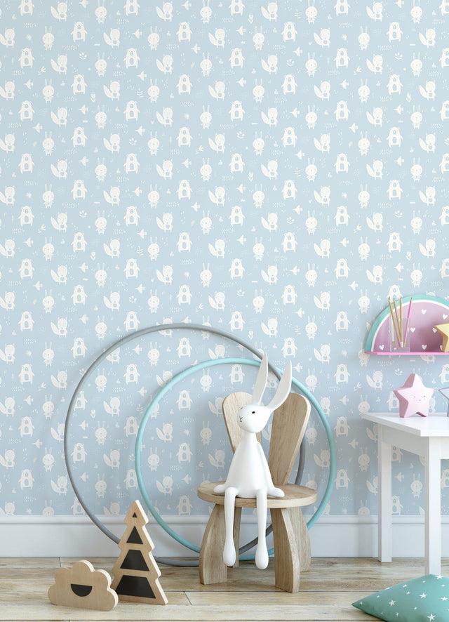 Bitsy Sky Blue Woodland Wallpaper with Kids Woodland Animal Pattern - Chesapeake 4060-91311