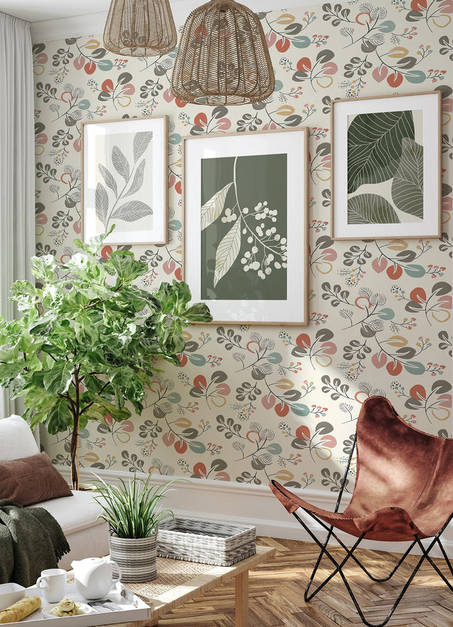 Jonah Multicolor Leaf Trail Wallpaper with Botanical Leaves Motif - Brewster 4066-25122