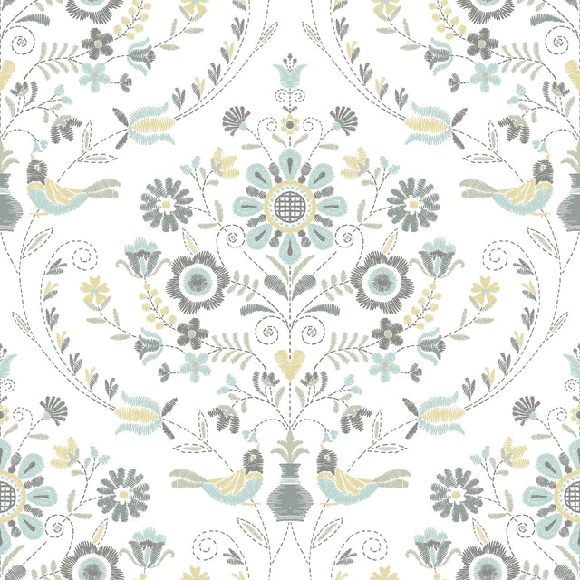 Britt Sea Green Embroidered Damask Wallpaper with Botanical Farmhouse Motif - A-Street Prints 4066-26510