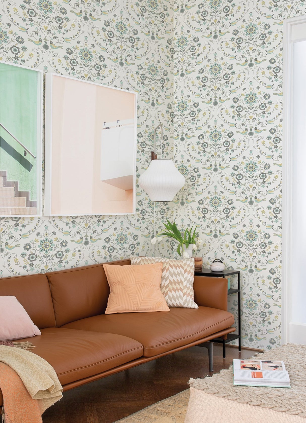 Britt Sea Green Embroidered Damask Wallpaper with Botanical Farmhouse Motif - A-Street Prints 4066-26510