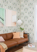 Britt Sea Green Embroidered Damask Wallpaper with Botanical Farmhouse Motif - A-Street Prints 4066-26510