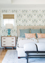 Britt Sea Green Embroidered Damask Wallpaper with Botanical Farmhouse Motif - A-Street Prints 4066-26510