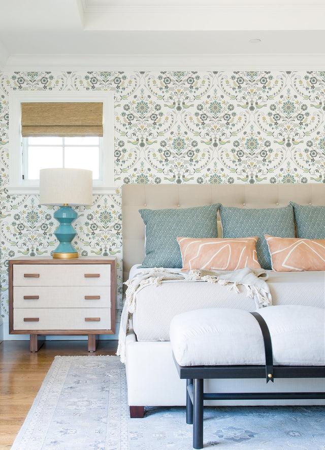 Britt Sea Green Embroidered Damask Wallpaper with Botanical Farmhouse Motif - A-Street Prints 4066-26510