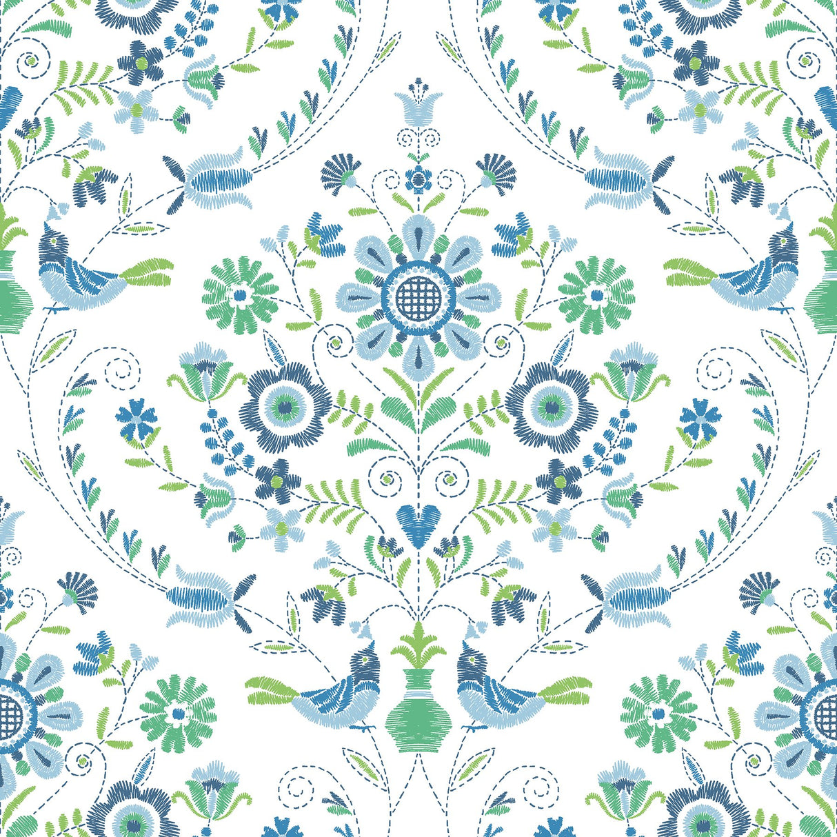 Britt Sapphire Embroidered Damask Wallpaper with Farmhouse Botanical Pattern - A-Street Prints 4066-26511