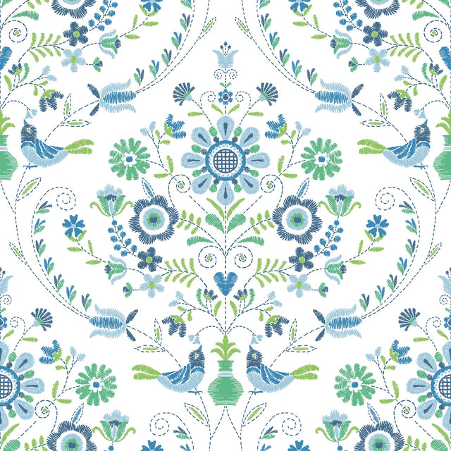 Britt Sapphire Embroidered Damask Wallpaper with Farmhouse Botanical Pattern - A-Street Prints 4066-26511