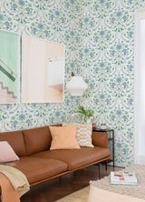 Britt Sapphire Embroidered Damask Wallpaper with Farmhouse Botanical Pattern - A-Street Prints 4066-26511