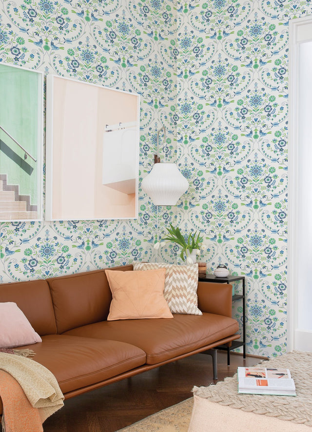 Britt Sapphire Embroidered Damask Wallpaper with Farmhouse Botanical Pattern - A-Street Prints 4066-26511