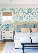 Britt Sapphire Embroidered Damask Wallpaper with Farmhouse Botanical Pattern - A-Street Prints 4066-26511