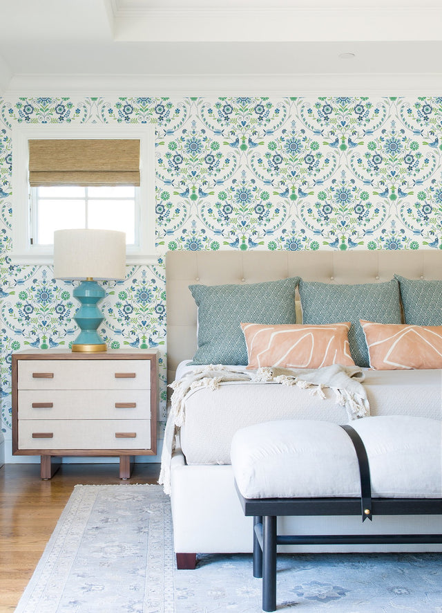 Britt Sapphire Embroidered Damask Wallpaper with Farmhouse Botanical Pattern - A-Street Prints 4066-26511