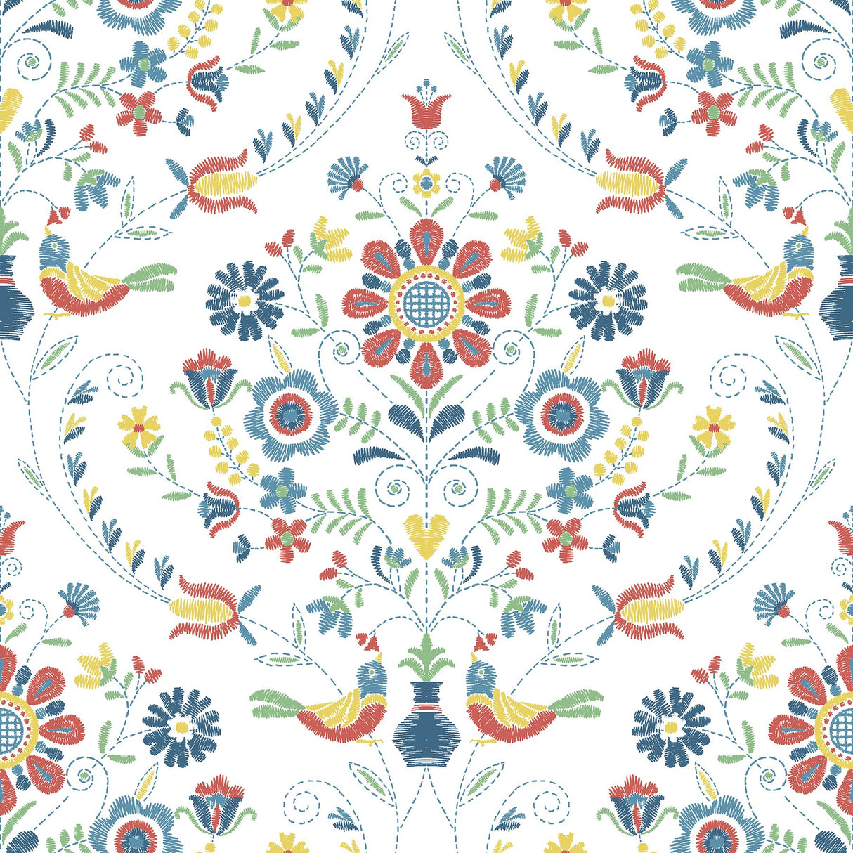 Britt Multicolor Embroidered Damask Wallpaper with Botanical Damask Pattern, Farmhouse Style - A-Street Prints 4066-26512