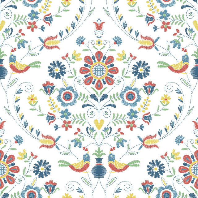 Britt Multicolor Embroidered Damask Wallpaper with Botanical Damask Pattern, Farmhouse Style - A-Street Prints 4066-26512