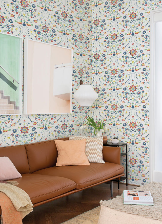 Britt Multicolor Embroidered Damask Wallpaper with Botanical Damask Pattern, Farmhouse Style - A-Street Prints 4066-26512