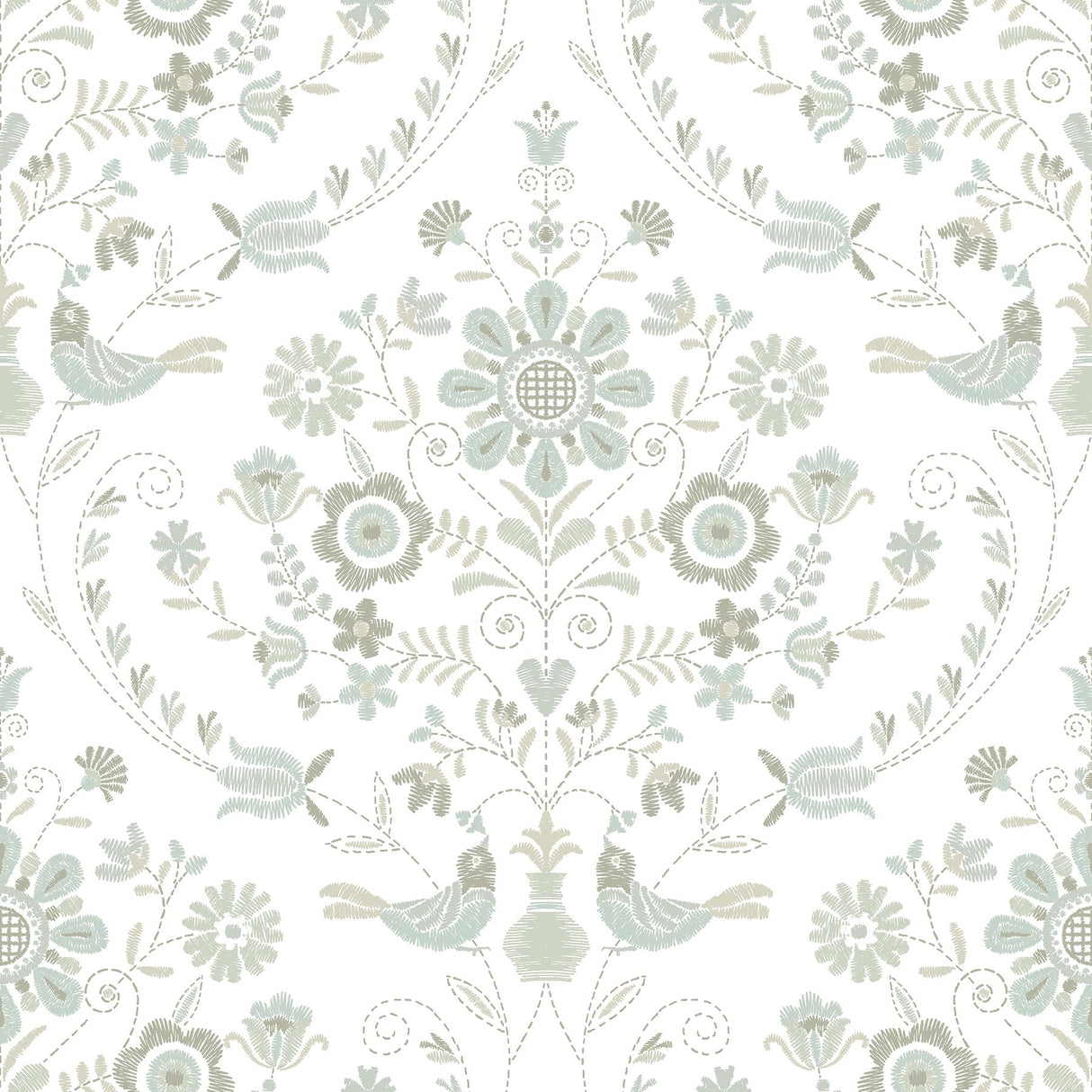 Britt Neutral Embroidered Damask Wallpaper with Botanical Farmhouse Motif - A-Street Prints 4066-26513