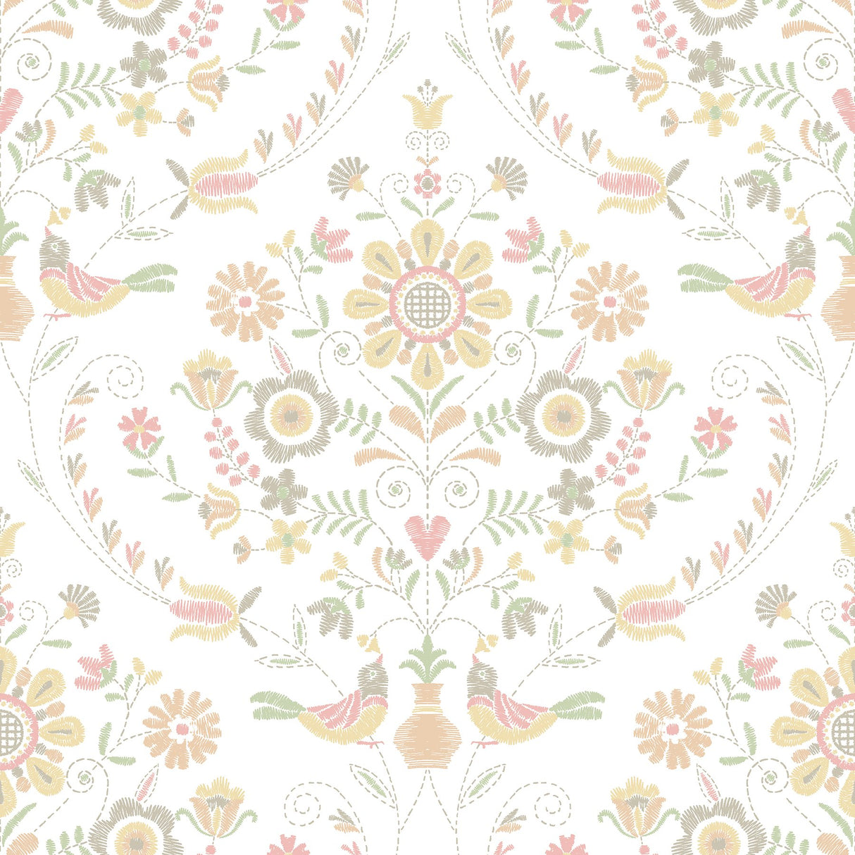 Britt Peach Embroidered Damask Wallpaper with Botanical Farmhouse Style - A-Street Prints 4066-26514