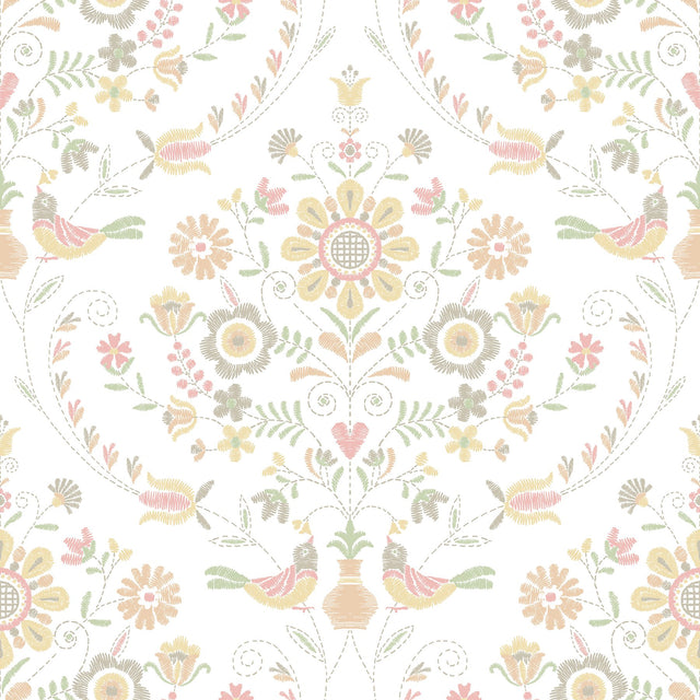 Britt Peach Embroidered Damask Wallpaper with Botanical Farmhouse Style - A-Street Prints 4066-26514