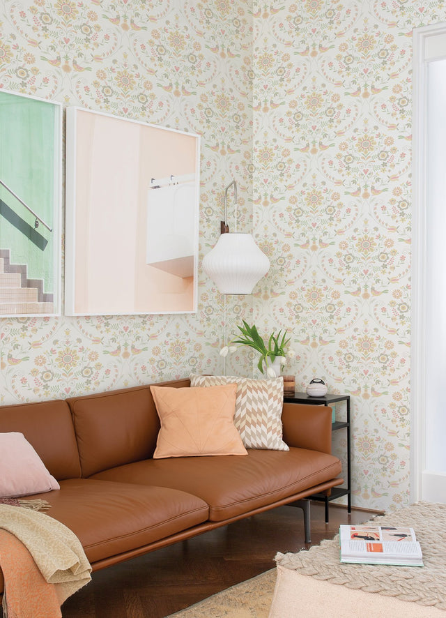 Britt Peach Embroidered Damask Wallpaper with Botanical Farmhouse Style - A-Street Prints 4066-26514