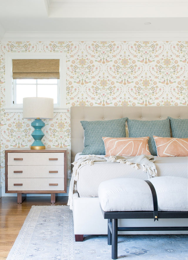 Britt Peach Embroidered Damask Wallpaper with Botanical Farmhouse Style - A-Street Prints 4066-26514