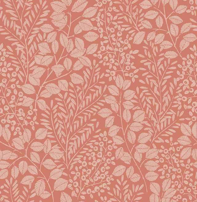 Elin Coral Berry Botanical Wallpaper in Coral with Scandinavian Leaves Motif - A-Street Prints 4066-26516