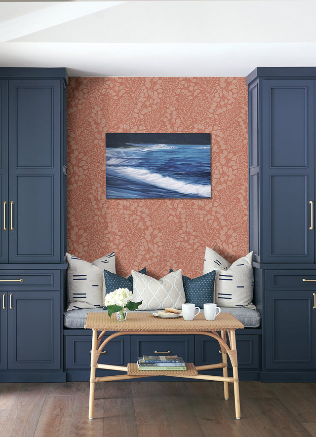 Elin Coral Berry Botanical Wallpaper in Coral with Scandinavian Leaves Motif - A-Street Prints 4066-26516