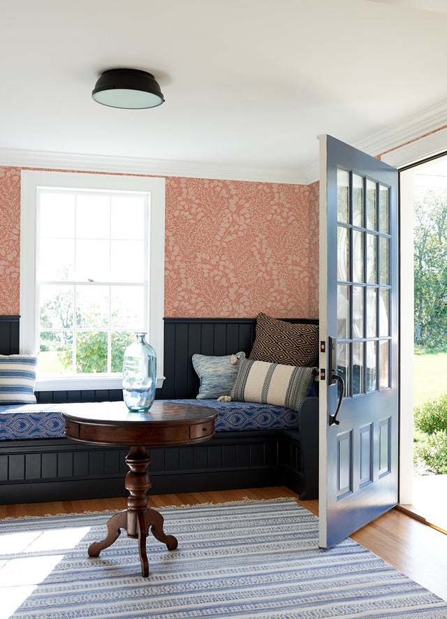 Elin Coral Berry Botanical Wallpaper in Coral with Scandinavian Leaves Motif - A-Street Prints 4066-26516