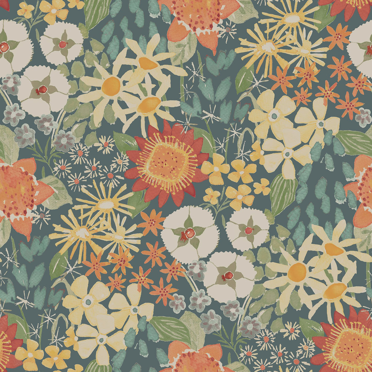 Karina Teal Wildflower Garden Wallpaper with Watercolor Floral Pattern - A-Street Prints 4066-26520