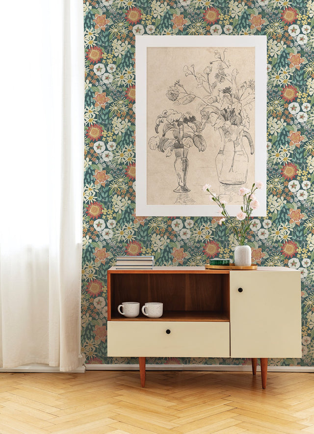 Karina Teal Wildflower Garden Wallpaper with Watercolor Floral Pattern - A-Street Prints 4066-26520