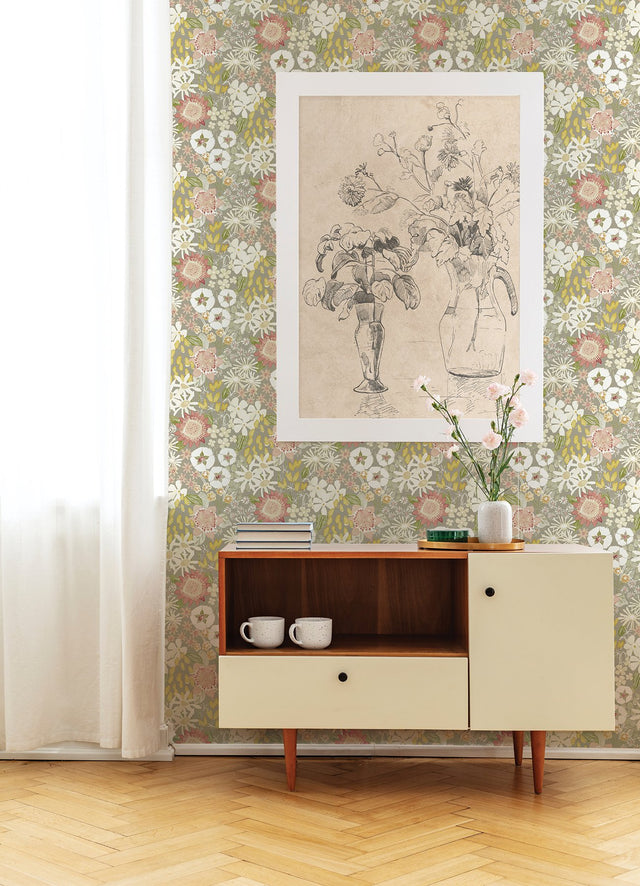 Karina Neutral Wildflower Garden Wallpaper with Farmhouse Botanical Floral Pattern - A-Street Prints 4066-26521