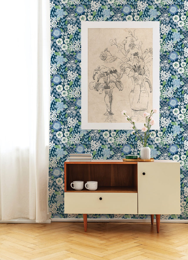 Karina Blue Wildflower Garden Wallpaper with Botanical Watercolor Floral Pattern - A-Street Prints 4066-26524