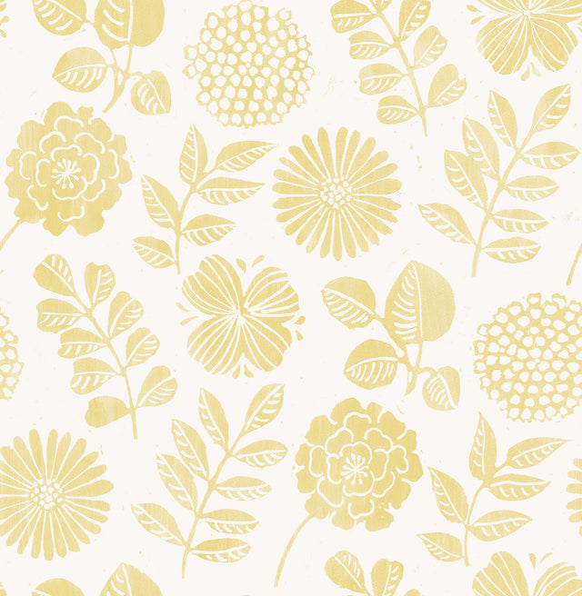 Inge Yellow Floral Block Print Wallpaper with Scandinavian Botanical Flower Motif - Brewster 4066-26530
