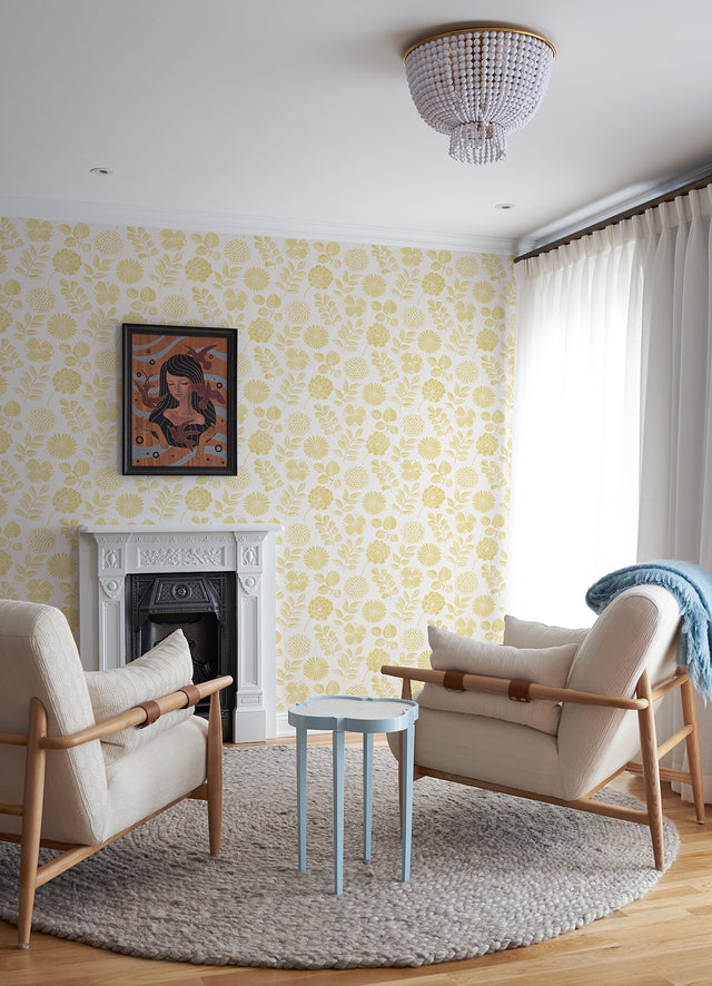 Inge Yellow Floral Block Print Wallpaper with Scandinavian Botanical Flower Motif - Brewster 4066-26530