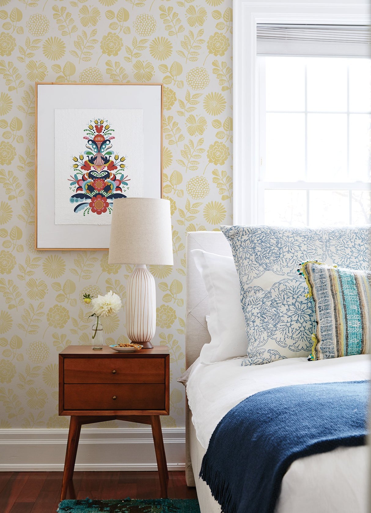 Inge Yellow Floral Block Print Wallpaper with Scandinavian Botanical Flower Motif - Brewster 4066-26530