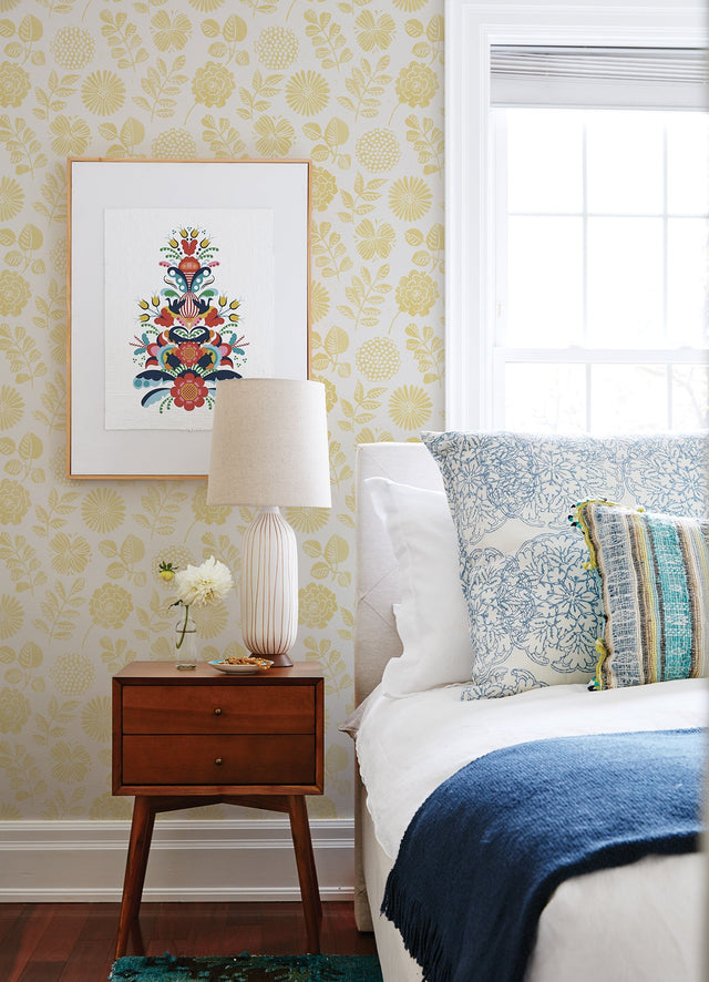 Inge Yellow Floral Block Print Wallpaper with Scandinavian Botanical Flower Motif - Brewster 4066-26530