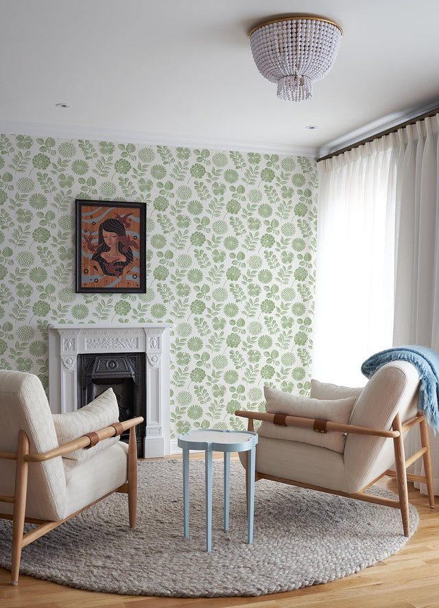 Inge Moss Floral Block Print Wallpaper with Scandinavian Botanical Motif - A-Street Prints 4066-26531