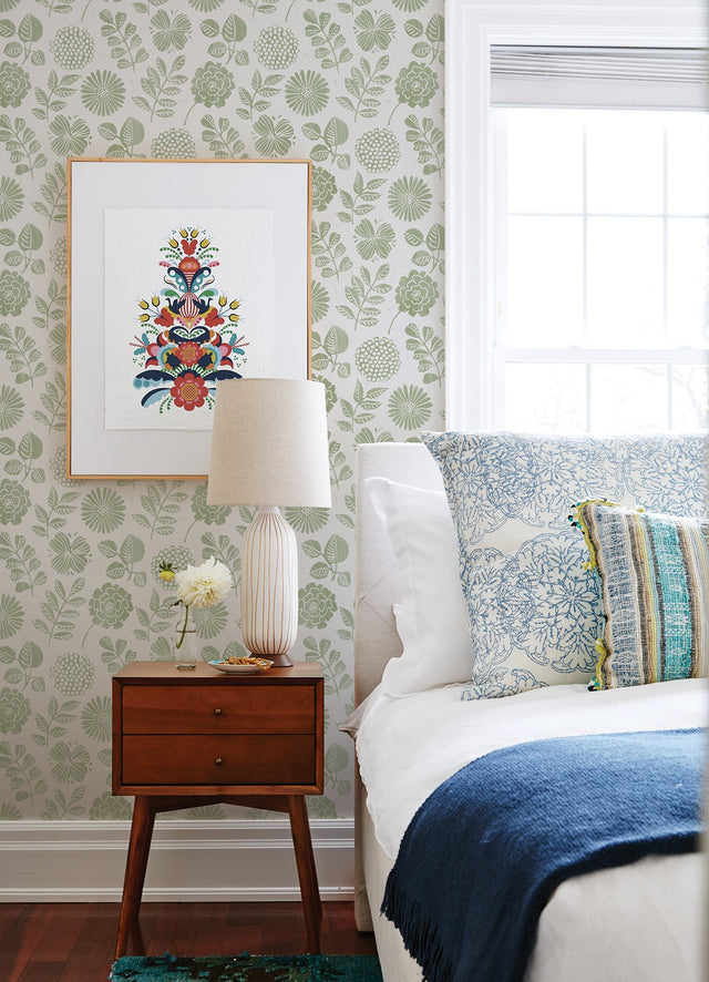 Inge Moss Floral Block Print Wallpaper with Scandinavian Botanical Motif - A-Street Prints 4066-26531