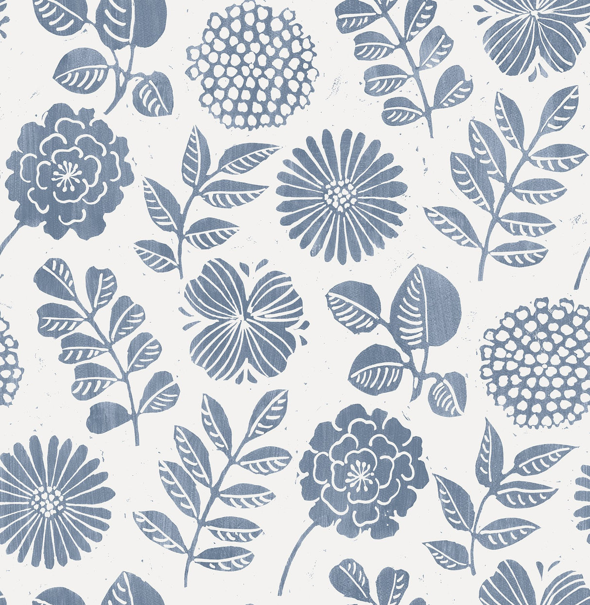 Inge Denim Floral Block Print Wallpaper with Scandinavian Botanical Flowers Motif - A-Street Prints 4066-26532