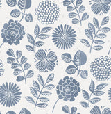 Inge Denim Floral Block Print Wallpaper with Scandinavian Botanical Flowers Motif - A-Street Prints 4066-26532