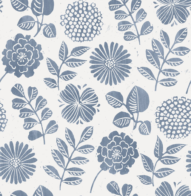 Inge Denim Floral Block Print Wallpaper with Scandinavian Botanical Flowers Motif - A-Street Prints 4066-26532