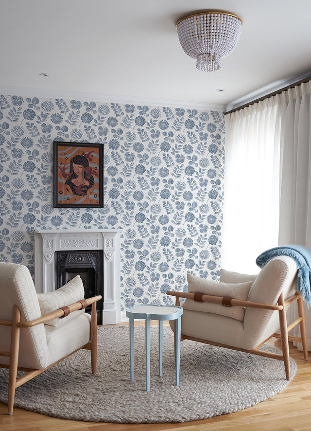 Inge Denim Floral Block Print Wallpaper with Scandinavian Botanical Flowers Motif - A-Street Prints 4066-26532