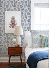 Inge Denim Floral Block Print Wallpaper with Scandinavian Botanical Flowers Motif - A-Street Prints 4066-26532