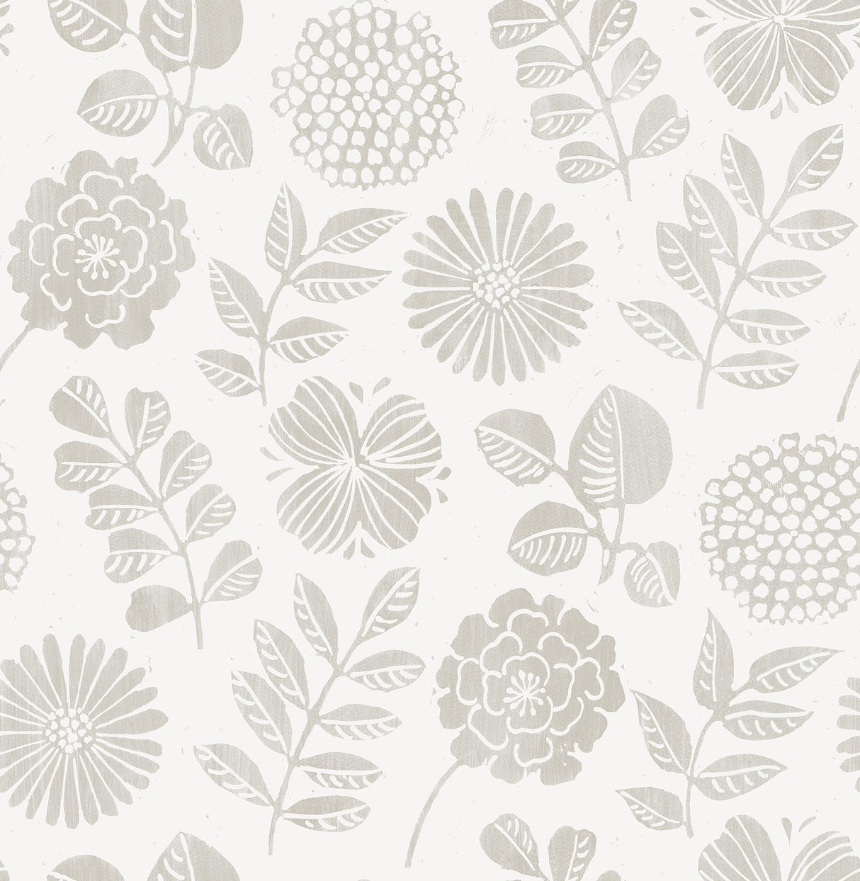 Inge Light Grey Floral Block Print Wallpaper with Scandinavian Botanical Flowers - A-Street Prints 4066-26533