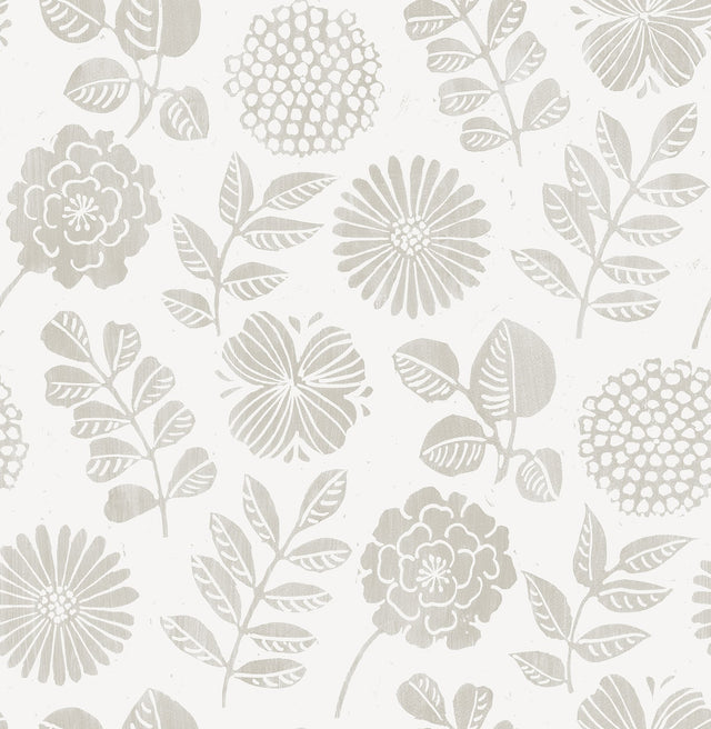 Inge Light Grey Floral Block Print Wallpaper with Scandinavian Botanical Flowers - A-Street Prints 4066-26533