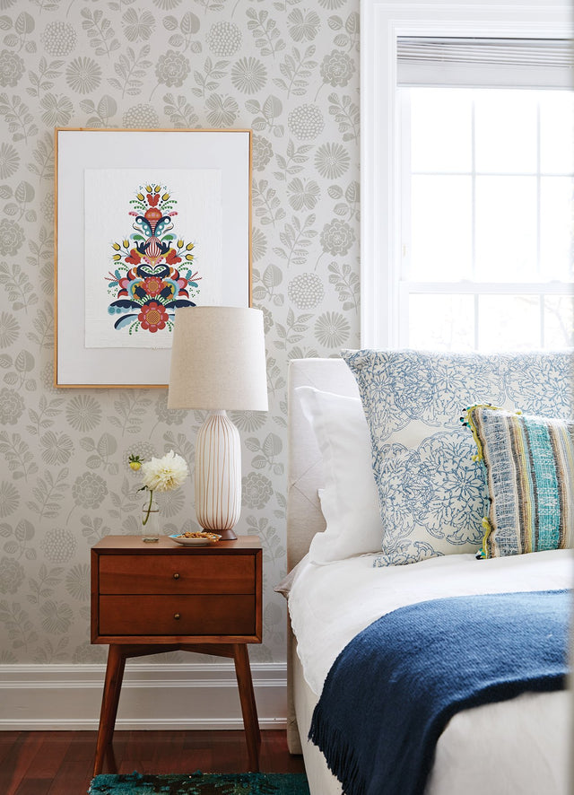 Inge Light Grey Floral Block Print Wallpaper with Scandinavian Botanical Flowers - A-Street Prints 4066-26533
