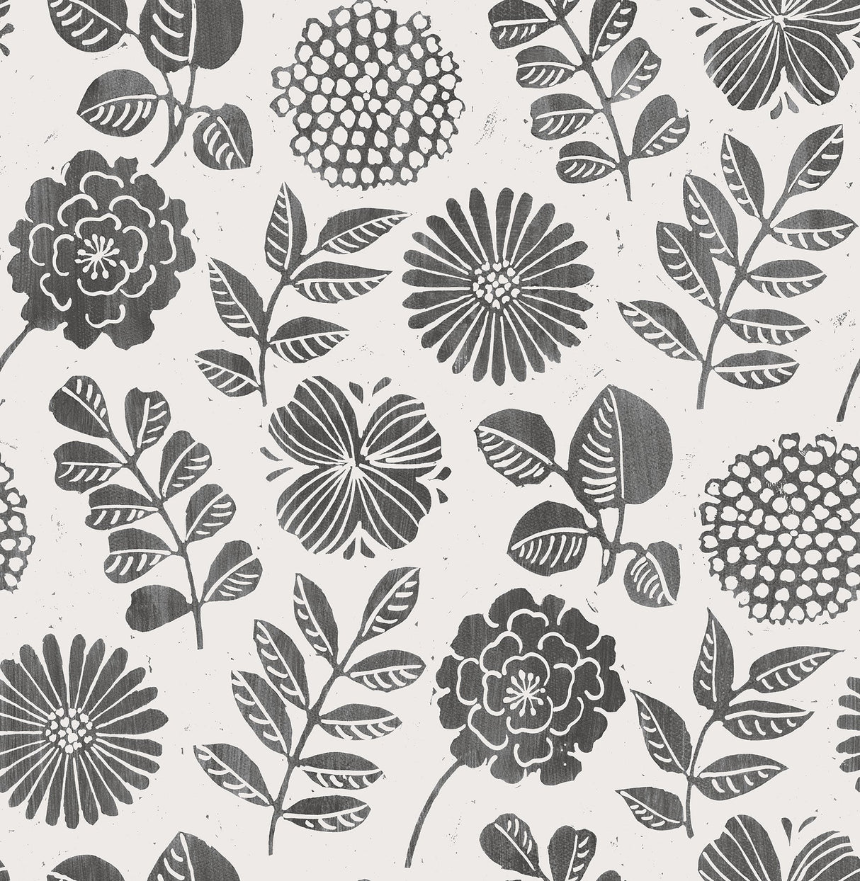 Inge Black Floral Block Print Wallpaper with Botanical Scandinavian Style - A-Street Prints 4066-26534