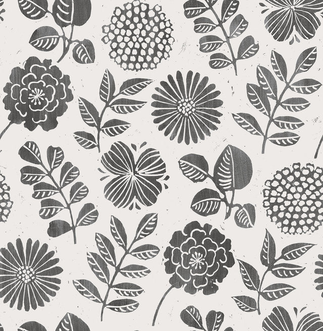 Inge Black Floral Block Print Wallpaper with Botanical Scandinavian Style - A-Street Prints 4066-26534